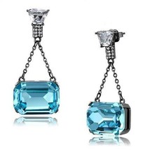 Gunmetal Black Plated Stainless Steel Clear and Aqua Crystal Dangle Earr... - £12.12 GBP