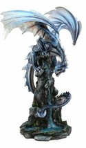 Large Blue Zirconia Rogue Storm Dragon Hovering Over Cliff Rock Waterfall Statue - £152.80 GBP
