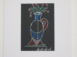 Original Miniature Pen Drawing Of A Bottle With Roses In White On Black. - $51.98