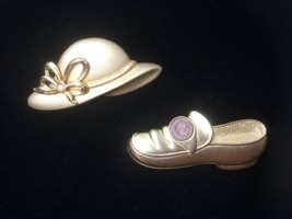 (2) Vintage TONA Brooches Shoe w/1 Cent Coin Replica &amp; Hat w/Crystal Rhi... - £10.74 GBP