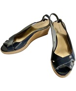 Tommy Hilfiger Navy Blue Patent Peep Toe Slingback Wedge Espadrille size... - $26.17