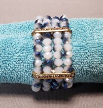 Beaded Stretch Bracelet Cuff Bling Blue Faceted Gold-tone Rhinestone Spacers - £15.29 GBP