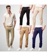 Mens Chino Pants Cotton Stretch Slim Fit Belt Zip Fly Trouser Casual Wor... - $18.97