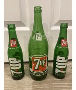 Vintage Green 7up Glass Soda Bottles Lot of 3 - 1 is 28 oz &amp; 2 are 10 oz. - $88.47