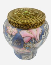 Vintage Chinese Ginger Jar Blue Pink Gilded Floral Lidded Urn Brass Beaded Lid - £34.81 GBP