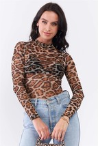 Women&#39;s Taupe Brown Jaguar Print Sheer Mesh Mock Neck Long Sleeve Bodysuit - £10.94 GBP