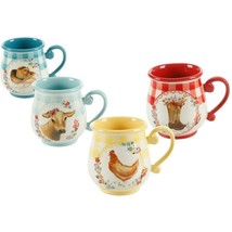 Pioneer Woman Novelty Gingham Latte Coffee Mugs 4-Piece Country Stoneware 16 oz - £29.38 GBP