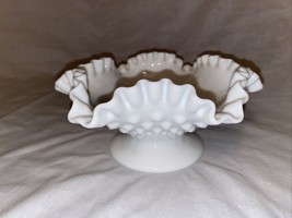 Vintage Fenton Hobnail Milk Glass Candy Dish  Ruffled Edged Bowl White Pedestal - $37.24