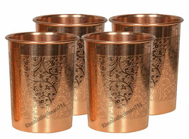 Pure Copper Embossed Tumbler Water Drinking Glass For Health Benefits Set Of 4 - £17.93 GBP