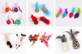 Cat Toys 2 Pack Interactive Fun Plush Mice Ribbon Feather Ball Pick Char... - $9.40