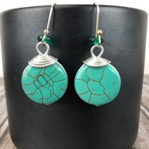 Turquoise Tone Round Dangle Earrings Brushed Silver Tone Accents  - £20.04 GBP