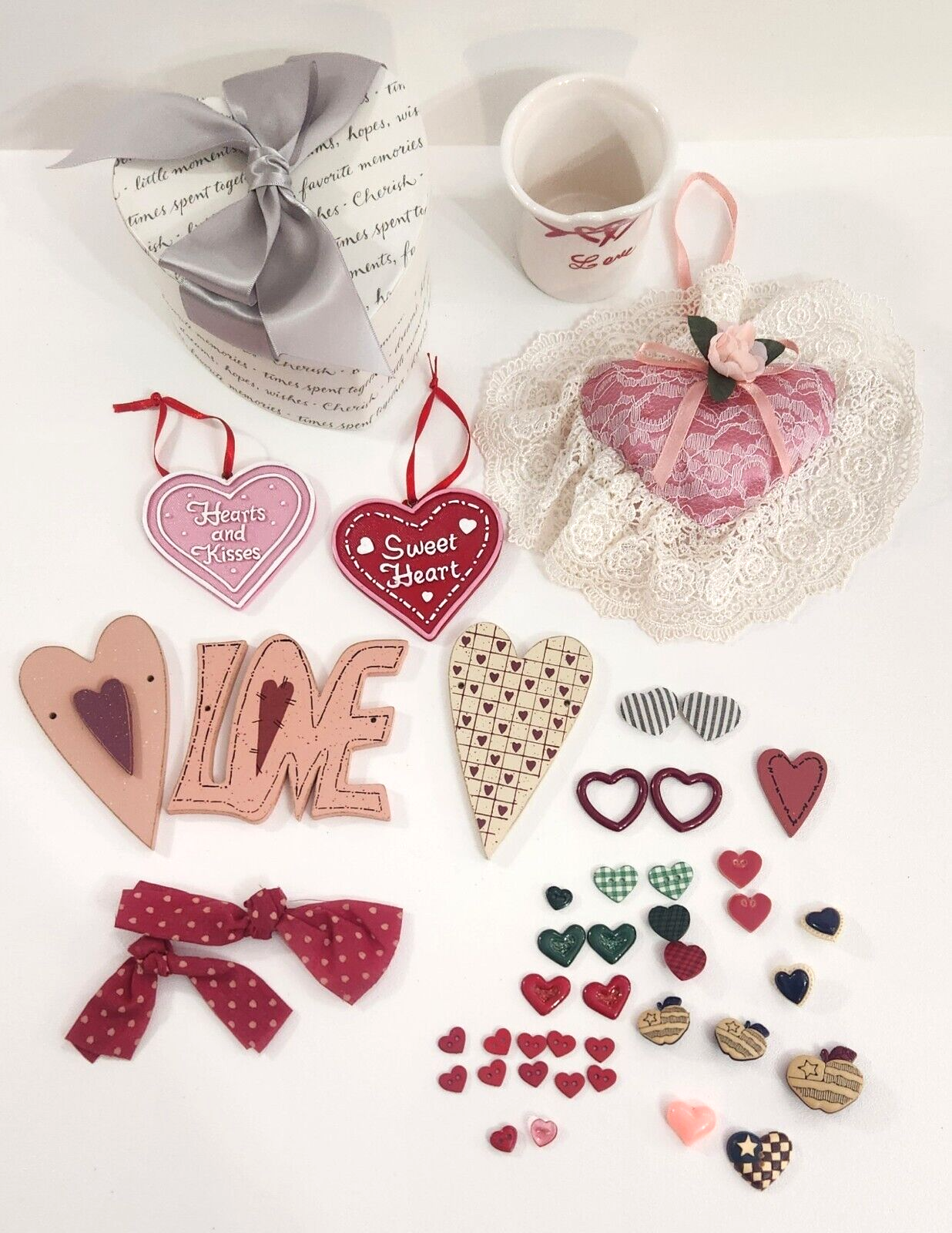 Valentines Day Heart Themed Lot 35 Decorations Crafting Buttons Pieces V... - $15.99