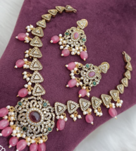 Indian Bollywood Style Gold Plated Choker CZ Necklace Pink Designer Jewelry Set - £68.75 GBP