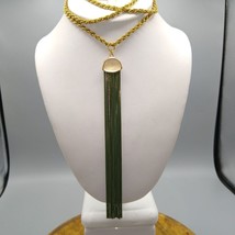 Extra Long Green and Gold Statement Necklace Enamel Snake Chain Vintage Boho - £38.04 GBP