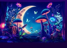 70&quot;x90&quot; Blacklight Tapestry Magical Fantasy Mushrooms Crescent Moon Wall Hanging - £17.85 GBP