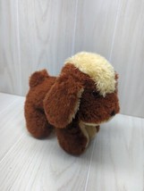 Puppy dog Plush vintage brown beige cream red felt tongue out firm standing 70s - £15.76 GBP