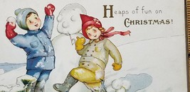 Antique MERRY CHRISTMAS Postcard 1917 UNUSED MARGARET EVANS Kids Make Sn... - $9.45