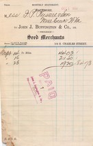 Baltimore Maryland ~ John J Buffington Co-Seed Negozianti ~1907 Billhead - £7.36 GBP