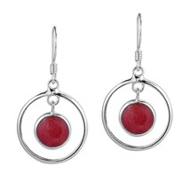 Modern Circles Red Coral Drop Sterling Silver Dangle Earrings - £14.28 GBP