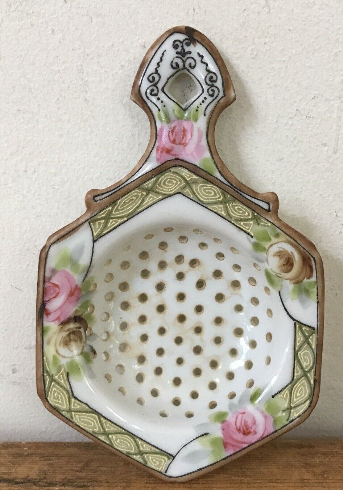 Primary image for Vintage Antique Porcelain Victorian Dresden Style Floral Rose Tea Leaf Strainer
