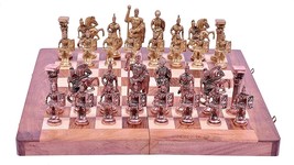 ANTIQUE Brass Roman  Chess Set With Wooden Board (14&quot;X14&quot;) For 4 Years A... - £118.69 GBP