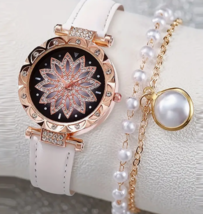 Fashionable Women Watch And Bracelet Set Quartz Watch  White Leather Strap ! - £10.19 GBP