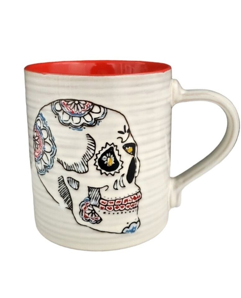 Day Of The Dead  Ceramic Skull Coffee Mug Textured and Red Interior 4" tall Item image 2