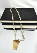 Vintage handmade long carved white onyx totem necklace mexico aztec pendant - £26.24 GBP