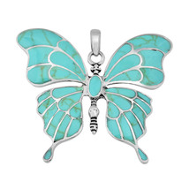 Gorgeous Big Butterfly Inlaid Turquoise Sterling Silver Pendant - £61.52 GBP