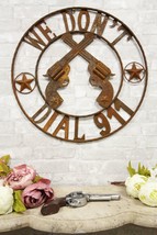 Oversized 24&quot;W Round Wild West We Don&#39;t Dial 911 With 2 Pistols Metal Wall Sign - £38.65 GBP