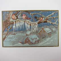 Postcard New Year&#39;s Birds Icy Tree Houses In Winter Snow Embossed Antiqu... - $9.99