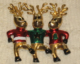 Dancing Reindeer Christmas Pin/Brooch-Enamel-Gold Tone-AJC - £11.99 GBP