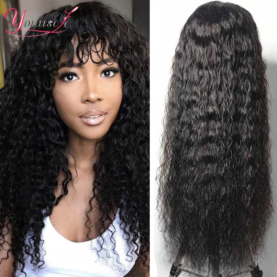 Younsolo Human Hair Wigs With Bangs Water Curly Wigs Brazilian Remy Human Hair - $49.54+