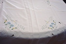 Floral light blue 2 flowers tablecloth FRANCO, 72 &quot;x126&quot; oblong OFF WHITE[8] - £59.35 GBP