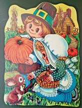 Vintage Cute Pilgrims Thanksgiving Fall Die Cut Double Sided 13x10&quot; - £10.38 GBP