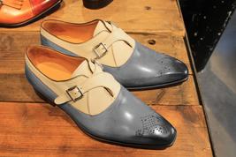 Handmade Men Grey &amp; beige Color Leather Monk Brogue Shoes - $159.00