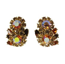 VTG Crown Trifari Aurora Borealis Contessa Earrings AB Amber Brown Gold ... - £50.25 GBP