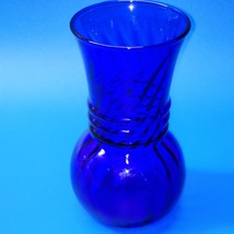 Vintage Indiana Glass Ball Vase - Cobalt Blue Ringed Neck, Ribbed Swirl Pattern - £15.01 GBP