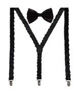 Men AB Elastic Band Black Sequin Suspender With Matching Polyester Bowtie - £3.90 GBP