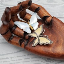 2 VNTG Butterfly Brooch Pins Cream Enamel Silver Tone and White Gold Tone - £22.99 GBP