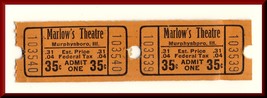 2-.35 Cent Marlow&#39;s Theatre Tickets, Murphysboro, Illinois/IL, 1950&#39;s? - $2.95