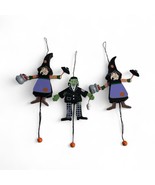 Halloween Wooden Witch &amp; Frankenstein Pull Toy Ornaments Midwest Lot of 3 - $39.87 CAD