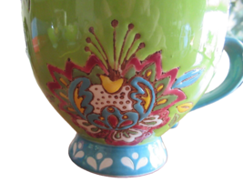 Dutch Wax Coffee Mug Footed Floral Hand Painted Green Blue Orange Bohemian Mod - £13.37 GBP