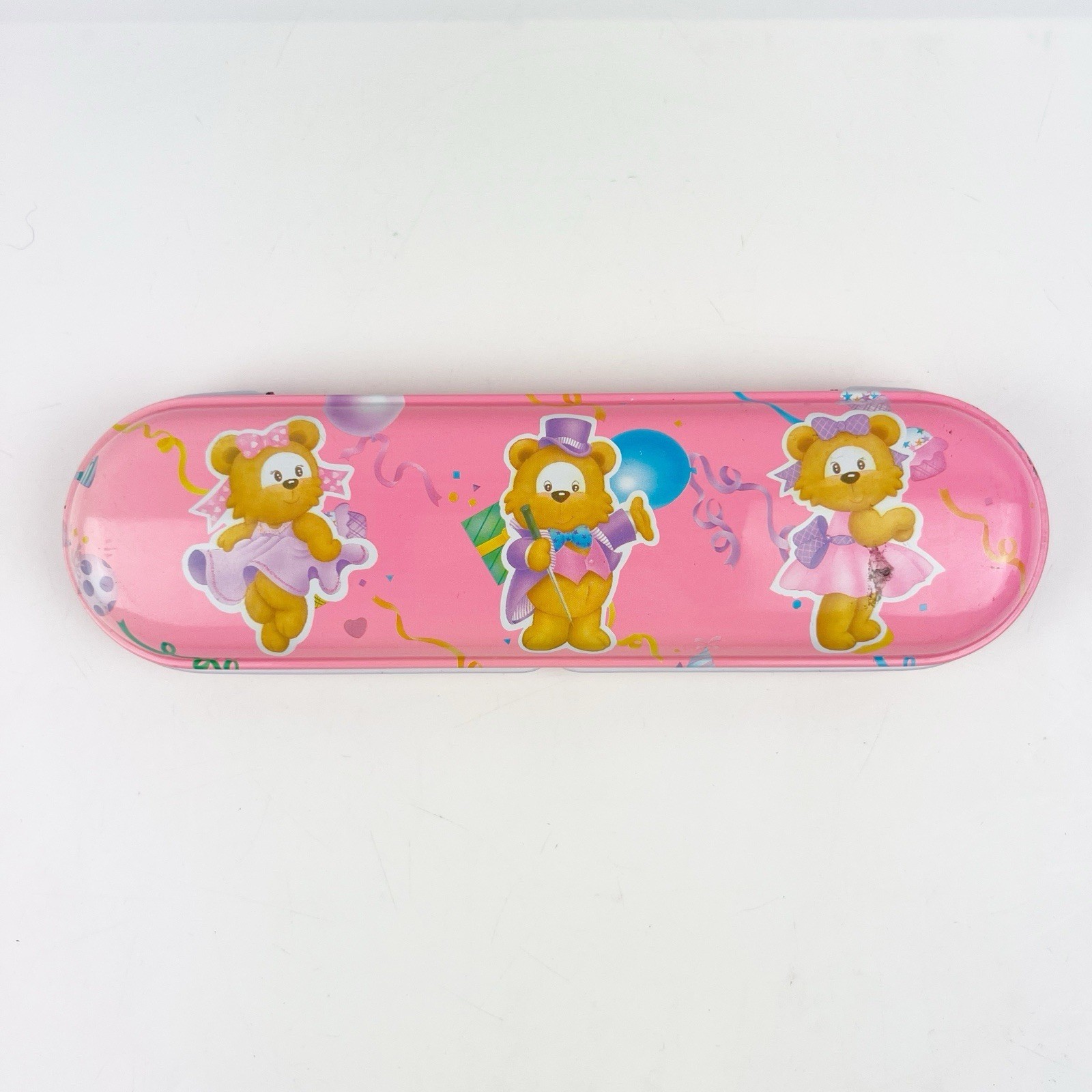 Vintage Ninety Nine Tin Metal Case Box Pencil Pen Teddy Bear Pink - $24.99