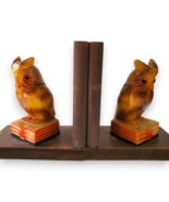MCM Owl Bookends Vintage Hand Carved Wood Folk Art Library Decor 7&quot; Felt... - $475.17 MXN