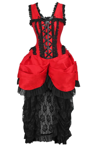 Victorian Red &amp; Black Bustle Lace Corset Dress Top Drawer Steel Boned - £118.95 GBP