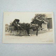 RPPC Real Photo Postcard Horse &amp; Buggy Man Newsboy Cap on Farm Antique 1904-1918 - £15.72 GBP