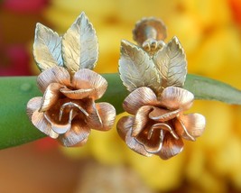 Vintage Krementz Rose Flower Earrings Two Tone Gold Screw-Back Signed - $26.95