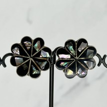 Vintage Alpaca Mexico Silver Tone Abalone Flower Clip On Earrings Non Pi... - $16.82