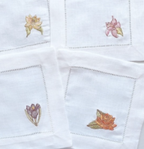 Sferra Embroidered Floral Cocktail Napkins Hemstitched Linen 6x6" SET/4 New - $32.57
